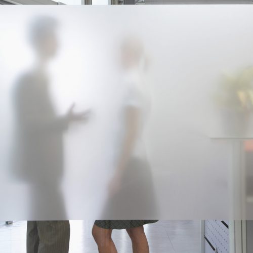 Side view of a male office worker talking to female colleague behind translucent wall in office